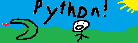 A hilly landscape with a green python and a stickman pointing at it with 'Python!' in the top.